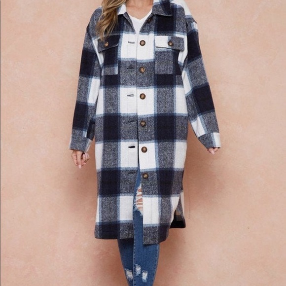 NWT Full Length Cozy Shacket in blue/white/black S - Picture 6 of 9